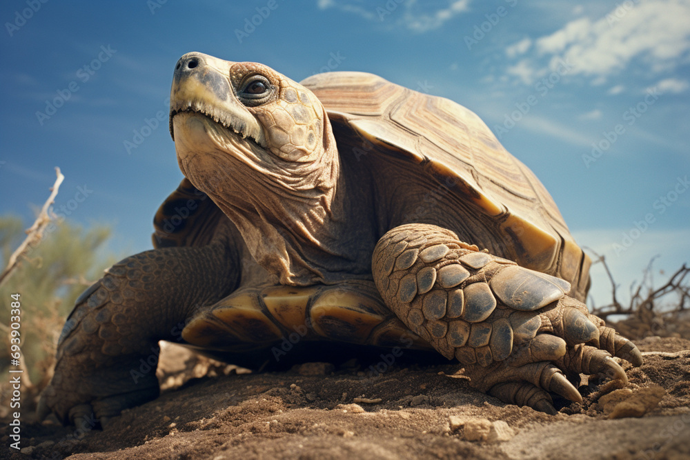 Poster The stoic expression of a wise old turtle basking in the sun, the textured details of its shell highlighted