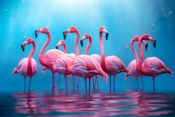 Fototapeta premium Flock of pink Flamingos in the water habitat background.