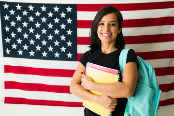 Female student learning to speak English in the US