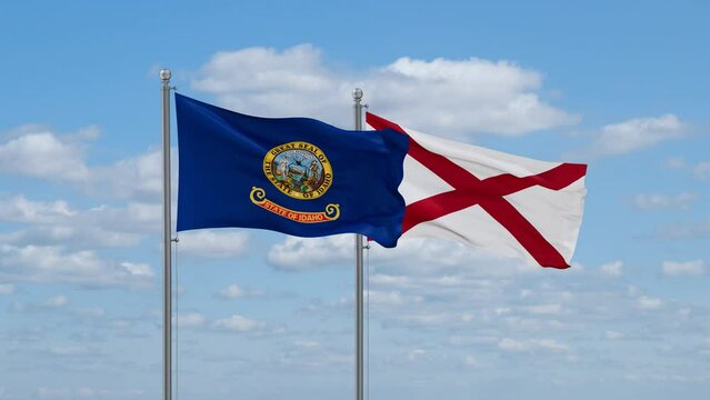Alabama and Idaho US state flags waving together on cloudy sky, endless seamless loop