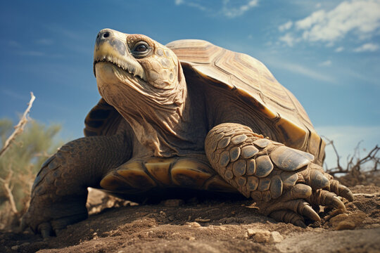 The stoic expression of a wise old turtle basking in the sun, the textured details of its shell highlighted