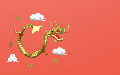 3d gold Chinese Dragon with cloud, coin. merry christmas and happy chinese new year, 3d render illustration
