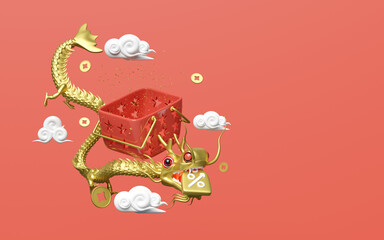 3d gold dragon with shopping basket empty, discount sales, cloud, coin. online shopping sale, merry christmas and happy chinese new year, 3d render illustration