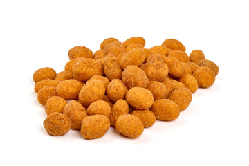 Crunchy coated peanuts, isolated on white background.