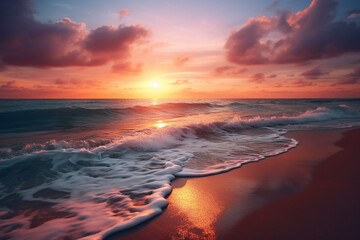 A secluded beach at sunset, with waves gently lapping against the shore as the sun dips below the horizon.