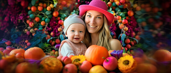 Fototapeta na wymiar A Woman Holding a Child in Front of a Bunch of Fruit