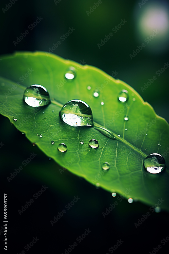 Poster a close-up of a raindrop clinging to the edge of a leaf, refracting the surrounding environment and 