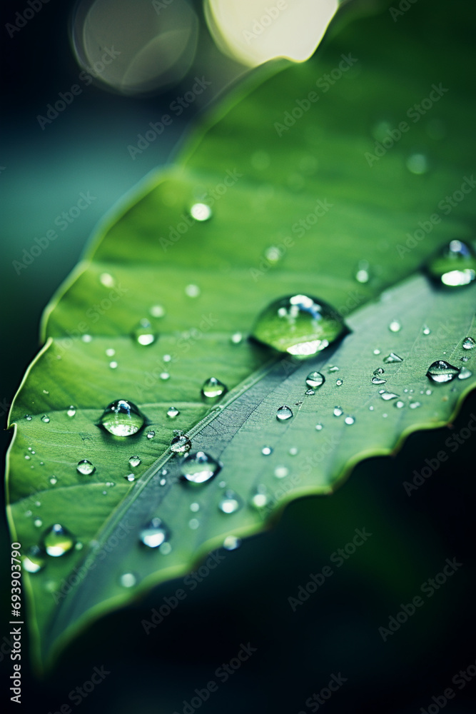 Poster a close-up of a raindrop clinging to the edge of a leaf, refracting the surrounding environment and 