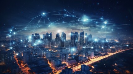 Network connection and technology concept: Global media link connecting on digital night city background, representing 5G communication, smart city, and business partnership