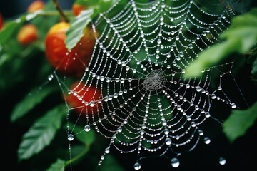 A close-up shot of a dew-covered spider web, each droplet reflecting the surrounding foliage in vibrant hues