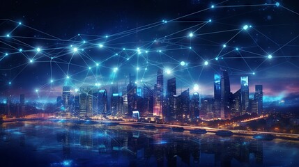 Network connection and technology concept: Global media link connecting on digital night city background, representing 5G communication, smart city, and business partnership