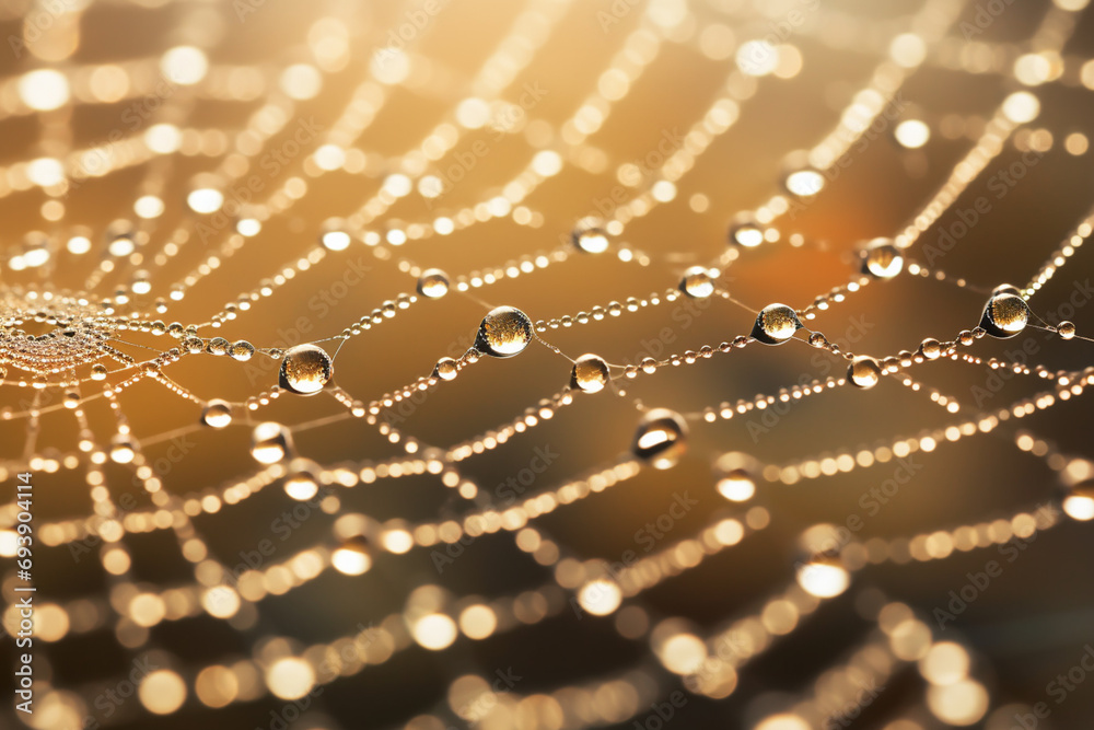 Poster the abstract beauty of a spider's web, glistening with dewdrops in the soft morning light, captured 