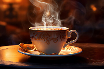 A close-up of a steaming cup of coffee, emphasizing the rich aroma and comforting allure of this beloved beverage.