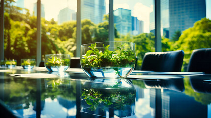 Contemporary Office Meeting Room with Lush Terrarium Centerpieces and Cityscape Through Sunlit Windows - obrazy, fototapety, plakaty