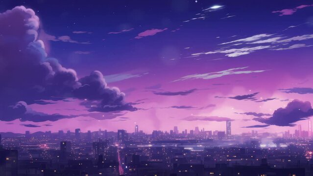 Lofi animation lo-fi vibes, night skyline, chill purple shares, manga, anime, - Seamless loop animation, created using AI Generative Technology