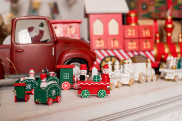 Wooden toy train. Christmas trip. Christmas card. toy vintage steam locomotive.New year celebration concept.toy store