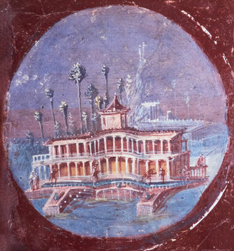 ancient Roman villa in fresco on a red background in a Domus of Pompeii, Pompeii buried by the volcanic eruption of Vesuvius in 79 AD