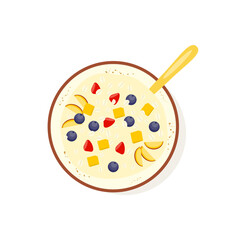 Oatmeal Breakfast, Porridge, Bowl With Fruit and Berries, granola. Healthy Food. Cartoon, flat Vector Illustration. 