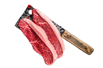 Top sirloin beef steak or brazilian Picanha, raw meat on butcher cleaver. Transparent background....