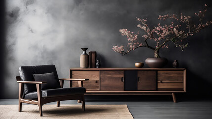 Leather chair near rustic wooden coffee table against black cabinet and decorative stucco poster. Japanese style home interior design of modern living room