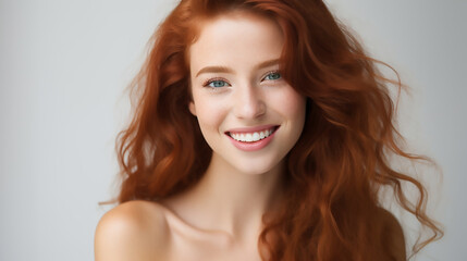 Naklejka premium A closeup photo portrait of a beautiful red hair young woman with freckles smiling with clean teeth with stylish hair and skin care, fashion commercial template 
