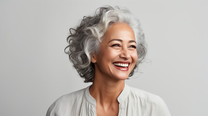 A closeup photo portrait of a beautiful old mature Asian American woman smiling with clean teeth. for a dental commercial. lady with stylish hair and skin care, template  - obrazy, fototapety, plakaty