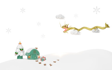3d gold Chinese Dragon with house on snow hill, ornaments glass, pine tree, gift box, cloud, snowflake. merry christmas and happy chinese new year, 3d render illustration