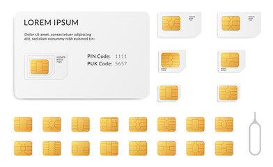 Sim card types icon set and sim tool isolated. Cellular phone card - Normal, Mini, Nano. Smart cellular wireless communication gsm chip, electronics and telecommunication microchip design on white - obrazy, fototapety, plakaty