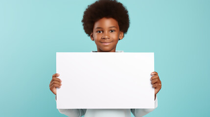 African American boy holding a blank placard sign poster paper in his hands. empty space for editing and ads, Template, Mock up