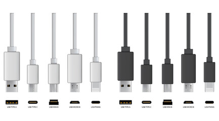 Usb cable connectors. Realistic  set of phone jacks for cabling in white and black color. Cable for charging or transmitting information for modern electronic devices - obrazy, fototapety, plakaty