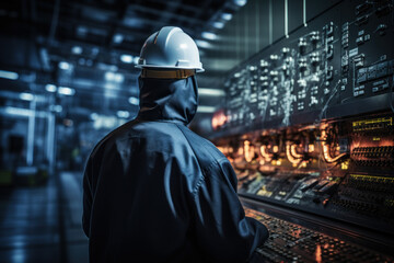 A worker in protective gear conducting a routine inspection of reactor components, emphasizing the commitment to maintenance and safety in nuclear power plants.  Generative Ai. - obrazy, fototapety, plakaty