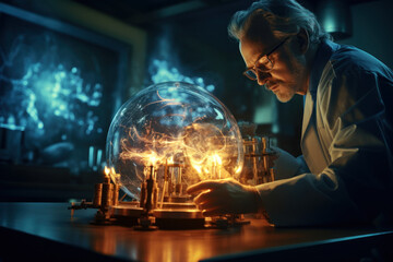 A nuclear physicist conducting experiments with a particle accelerator, illustrating the fundamental research contributing to nuclear science advancements.  Generative Ai. - obrazy, fototapety, plakaty