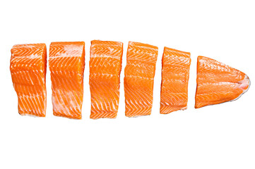 Sliced salmon fillet, raw fish meat with thyme and rosemary. Transparent background. Isolated.