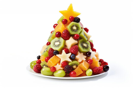 Fruit salad in the shape of Christmas tree with strawberries, kiwis grapes nad