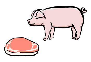 豚肉と豚のイラスト（ランドレース）