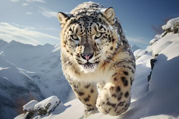 An elusive snow leopard traversing the mountainous terrain, symbolizing the resilience and adaptability of wildlife in challenging environments.  Generative Ai.