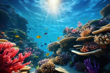 Fototapeten A vibrant coral reef teeming with diverse marine life, underscoring the fragile beauty of underwater ecosystems. Concept of coral reef conservation and marine biodiversity. Generative Ai. © Sebastian
