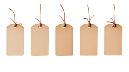 Set or collection brown natural craft kraft paper hang tags, price tags or gift tags with striped bakers twine, isolated design elements, different positions, PNG File