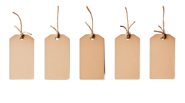 Set or collection brown natural craft kraft paper hang tags, price tags or gift tags with striped bakers twine, isolated design elements, different positions, PNG File