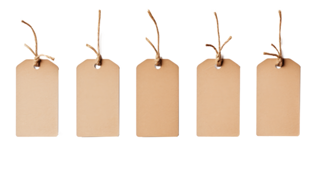 Set or collection brown natural craft kraft paper hang tags, price tags or gift tags with striped bakers twine, isolated design elements, different positions, PNG File