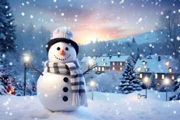 Obraz premium Snowman with the hat and scarf standing on the snow in winter, christmas trees on the side and behind it