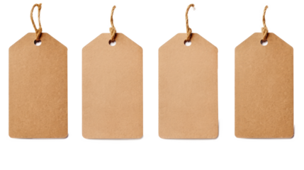 Set or collection brown natural craft kraft paper hang tags, price tags or gift tags with striped bakers twine, isolated design elements, different positions, PNG File