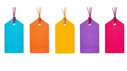 Set or collection brown natural craft kraft paper hang tags, price tags or gift tags with striped bakers twine, isolated design elements, different positions, PNG File
