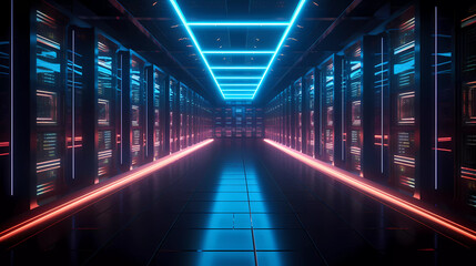 Fototapeta premium Futuristic security cloud data center server racks with pink vibrant neon-lit light.3d rendering.