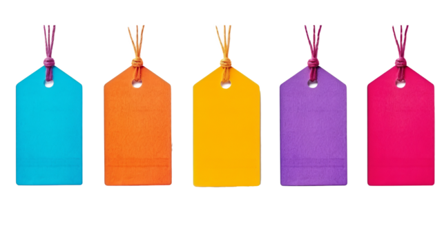 Set or collection brown natural craft kraft paper hang tags, price tags or gift tags with striped bakers twine, isolated design elements, different positions, PNG File