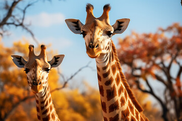 A pair of giraffes gracefully stretching their necks to reach high branches, symbolizing the...