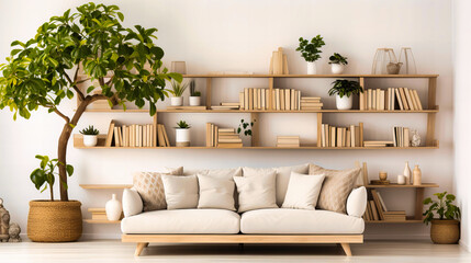 Fototapeta premium Spacious Modern Living Room with Lush Indoor Plants and Wooden Bookshelves Full of Books