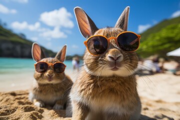 Two rabbits with sunglasses taking selfies on the beach