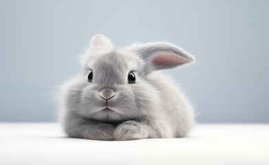 Creative animal concept, macro shot of gray relaxed cute bunny over pastel bright background.