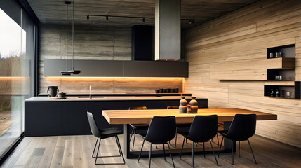 Minimalist Kitchen Design with Sleek Black Countertops, Wooden Accents, and Modern Dining Area